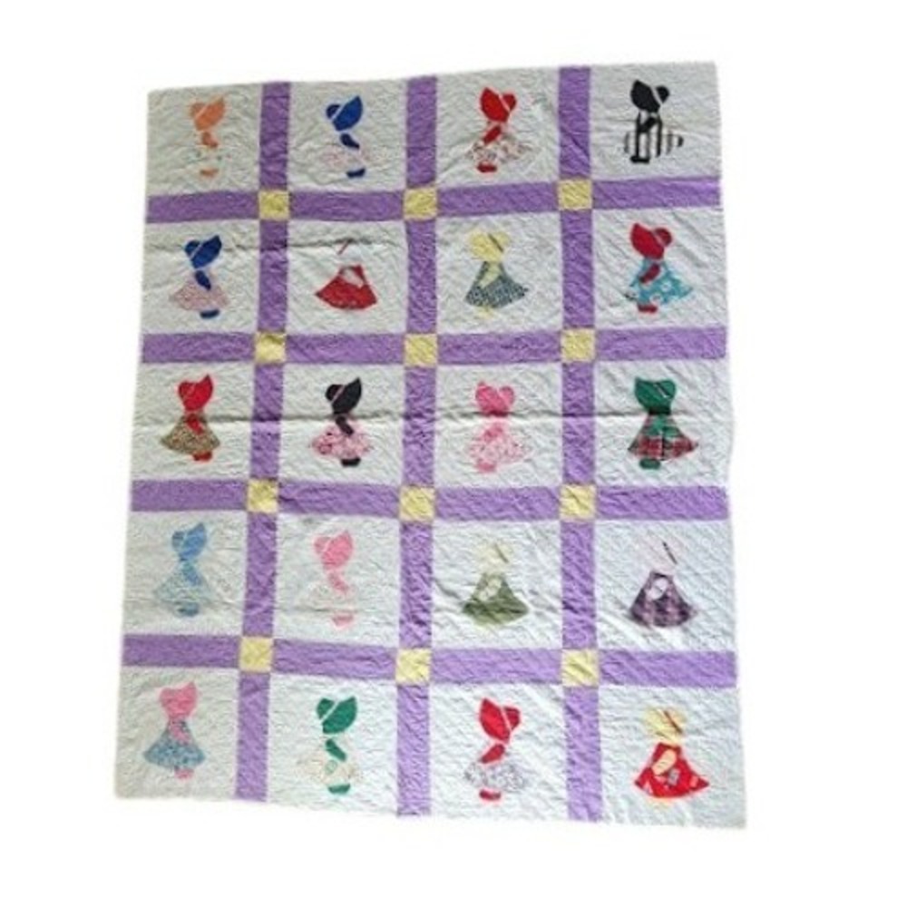VINTAGE Sunbonnet Sue Quilt Hand Applique Twin 67x83 Purple Yellow Calico Folk